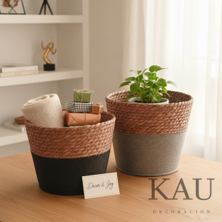 Canasto fibras naturales/tela gris oscuro